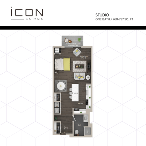 Floor plan for studio, 1 bath, 797 sqft
